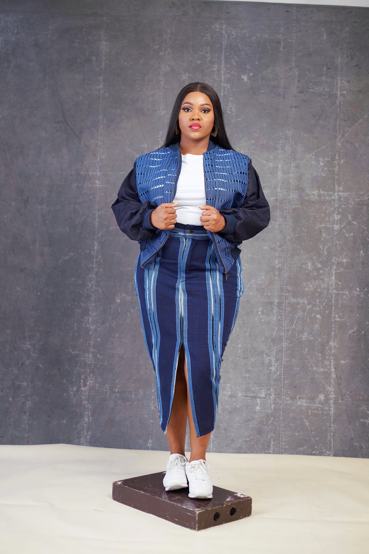 Denim Aso oke Bomber Jacket