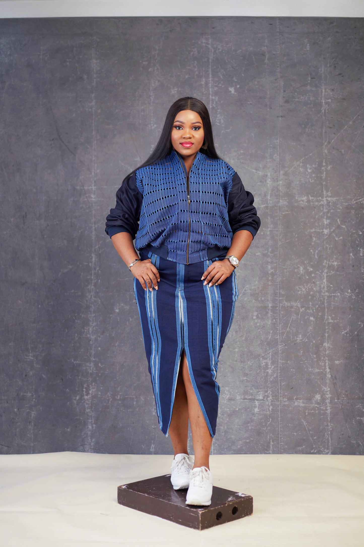 Denim Aso oke Bomber Jacket