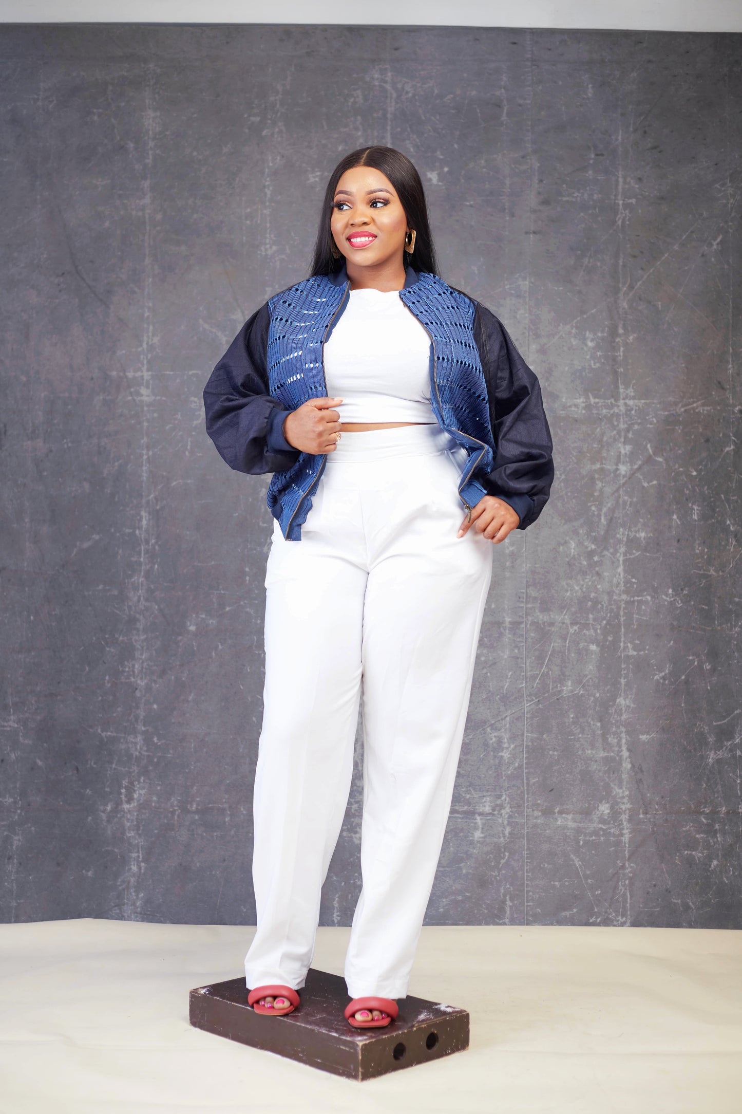 Denim Aso oke Bomber Jacket