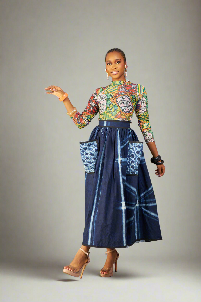 Ngozi pleated Adire skirt