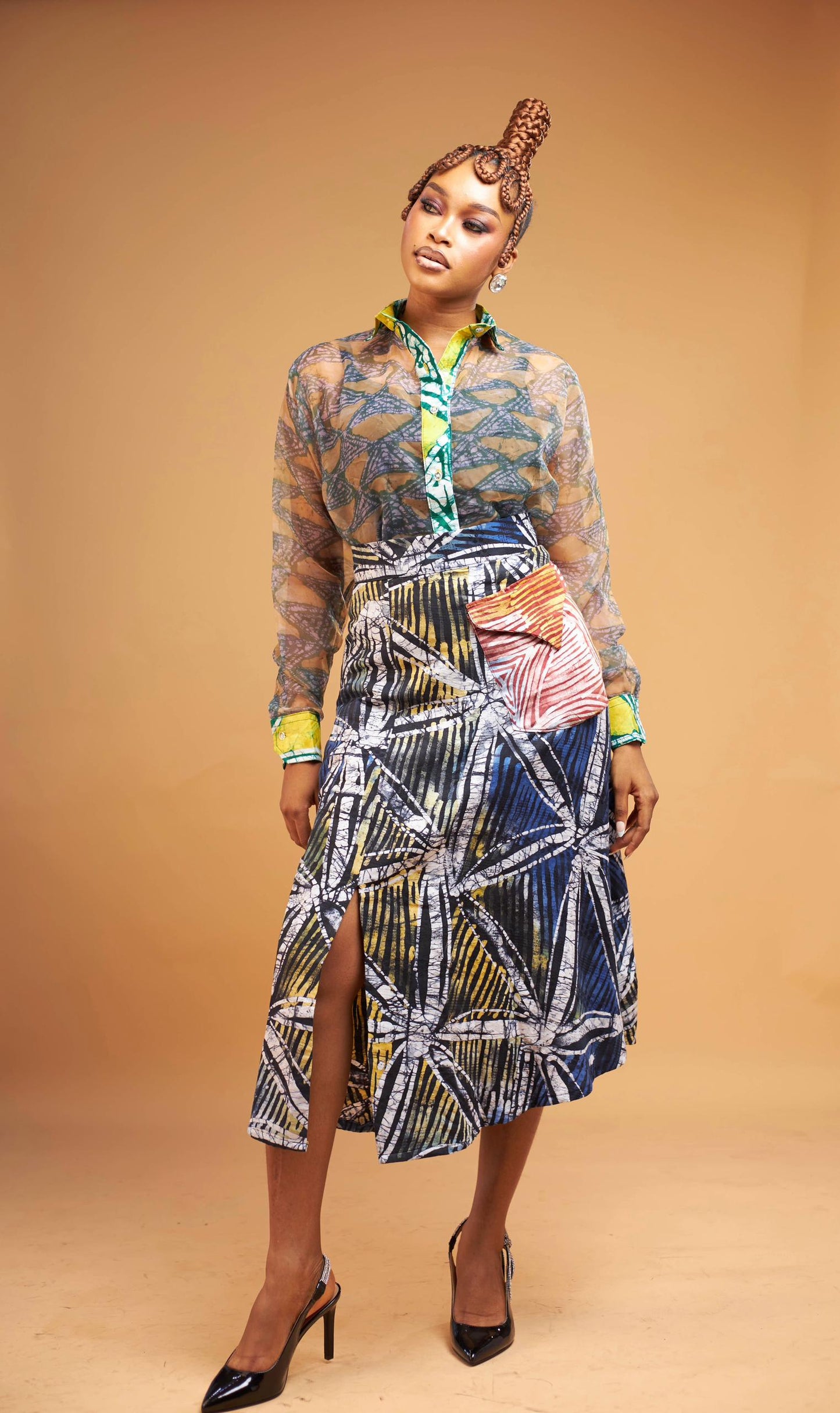 Omalicha Set – Sheer Organza Blouse & Mixed-Print Skirt