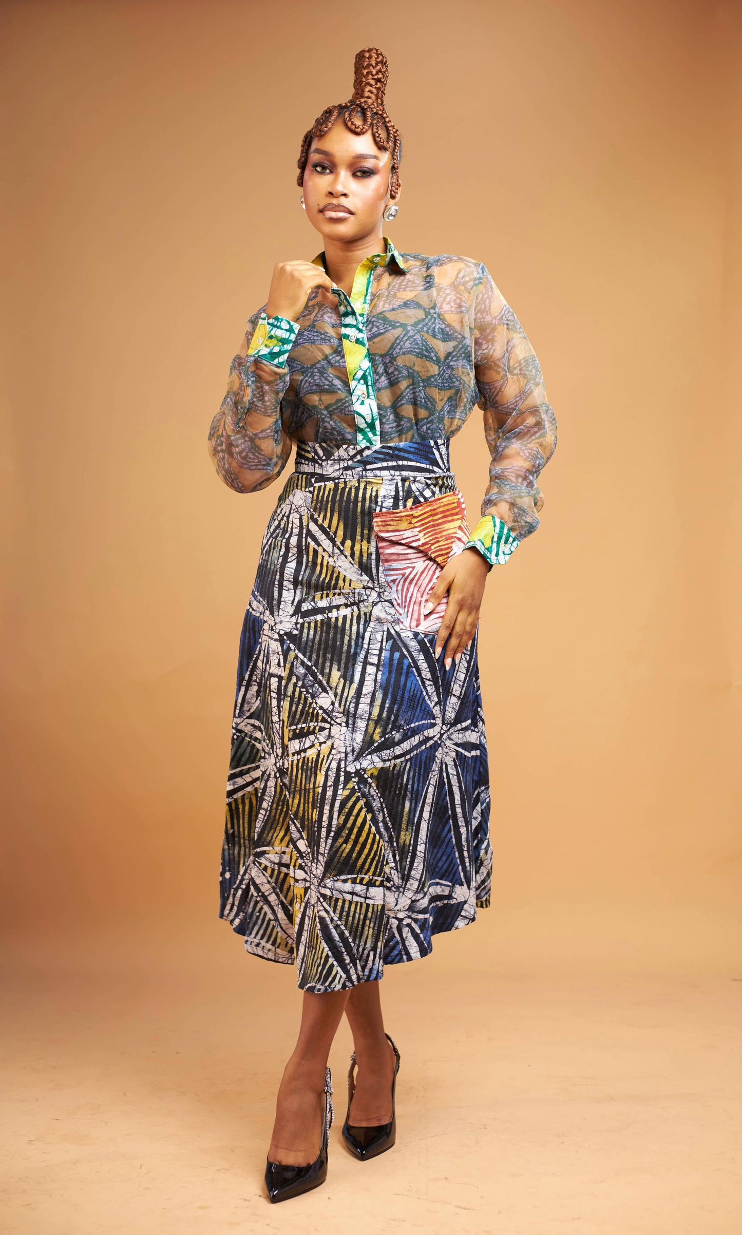Omalicha Set – Sheer Organza Blouse & Mixed-Print Skirt
