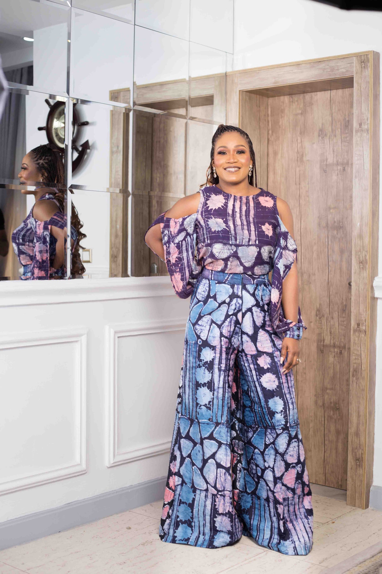 Kayla Adire Cold shoulder Pant Set