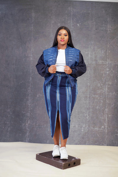 Denim Aso oke  Bomber Jacket