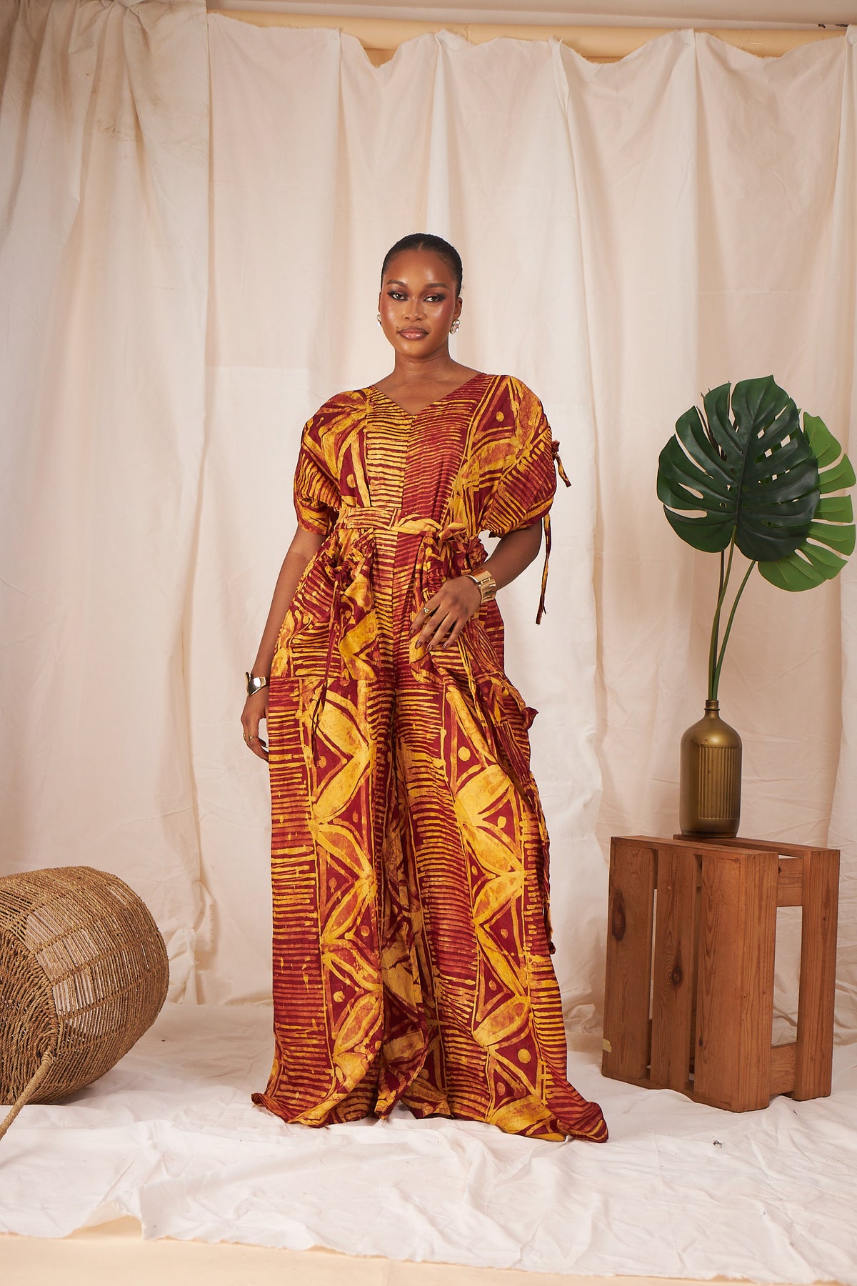Ama Batik Wide-Leg Jumpsuit – Rust & Gold