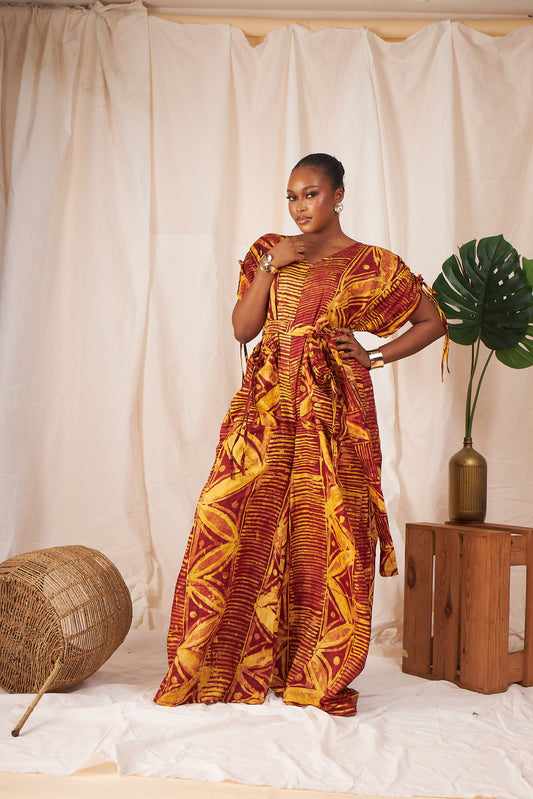 Ama Batik Wide-Leg Jumpsuit – Rust & Gold