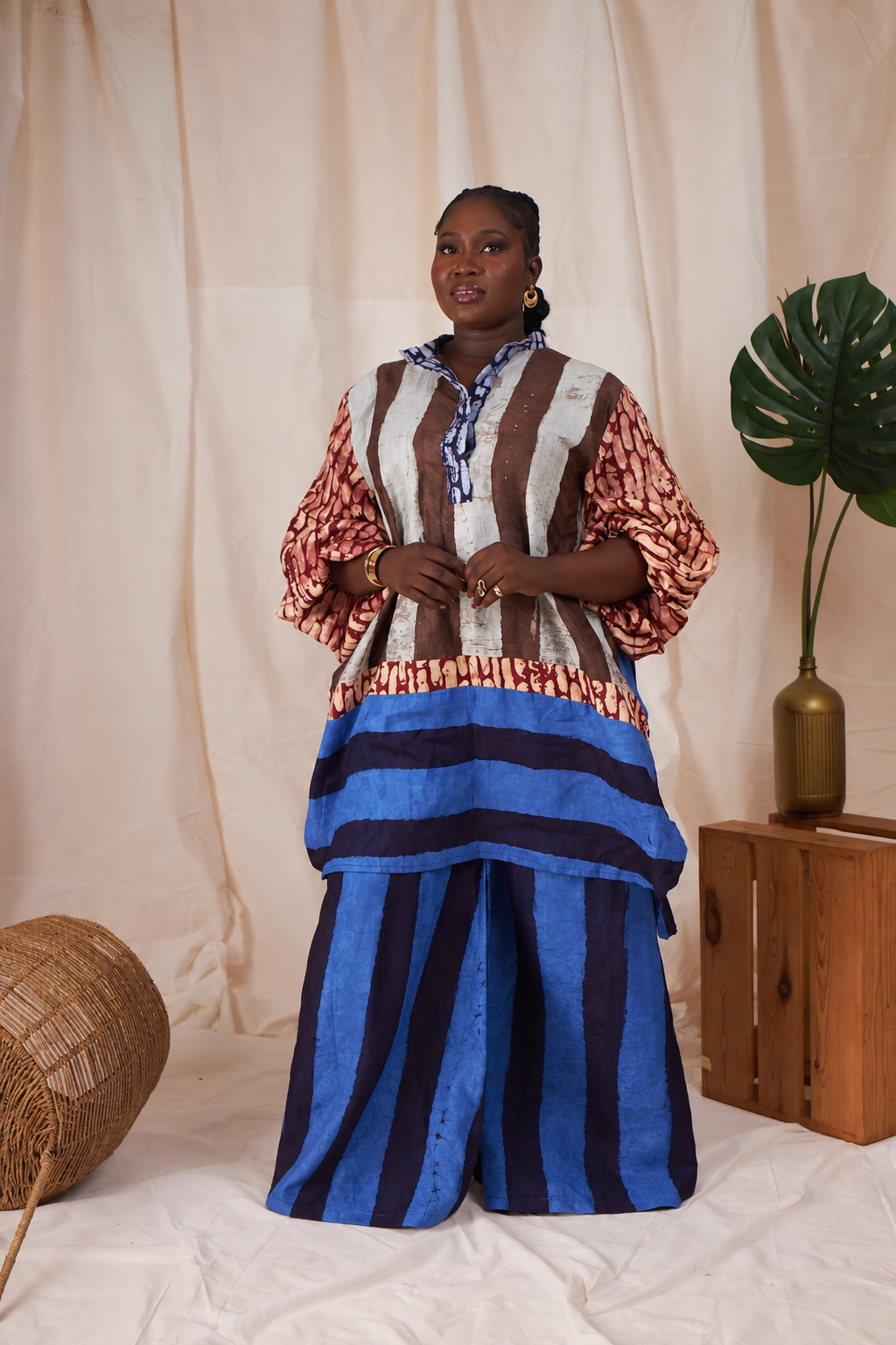 Lerato Mixed-Print Kaftan & Wide-Leg Pants Set