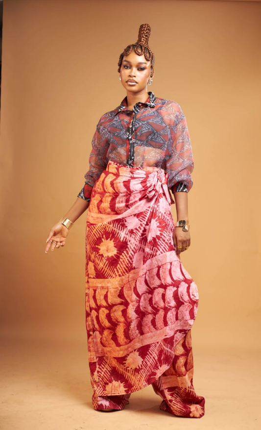 Morounkeji Set – Rust Organza Shirt & Red Wrap Skirt