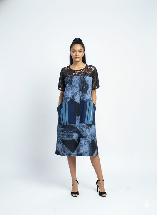 BF1 Adire & cord lace mixed dress