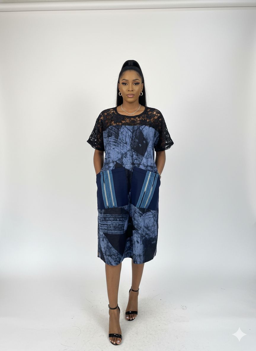 BF1 Adire & cord lace mixed dress