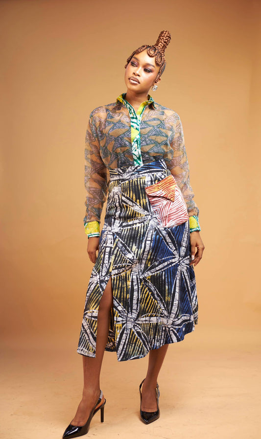 Omalicha Set – Sheer Organza Blouse & Mixed-Print Skirt