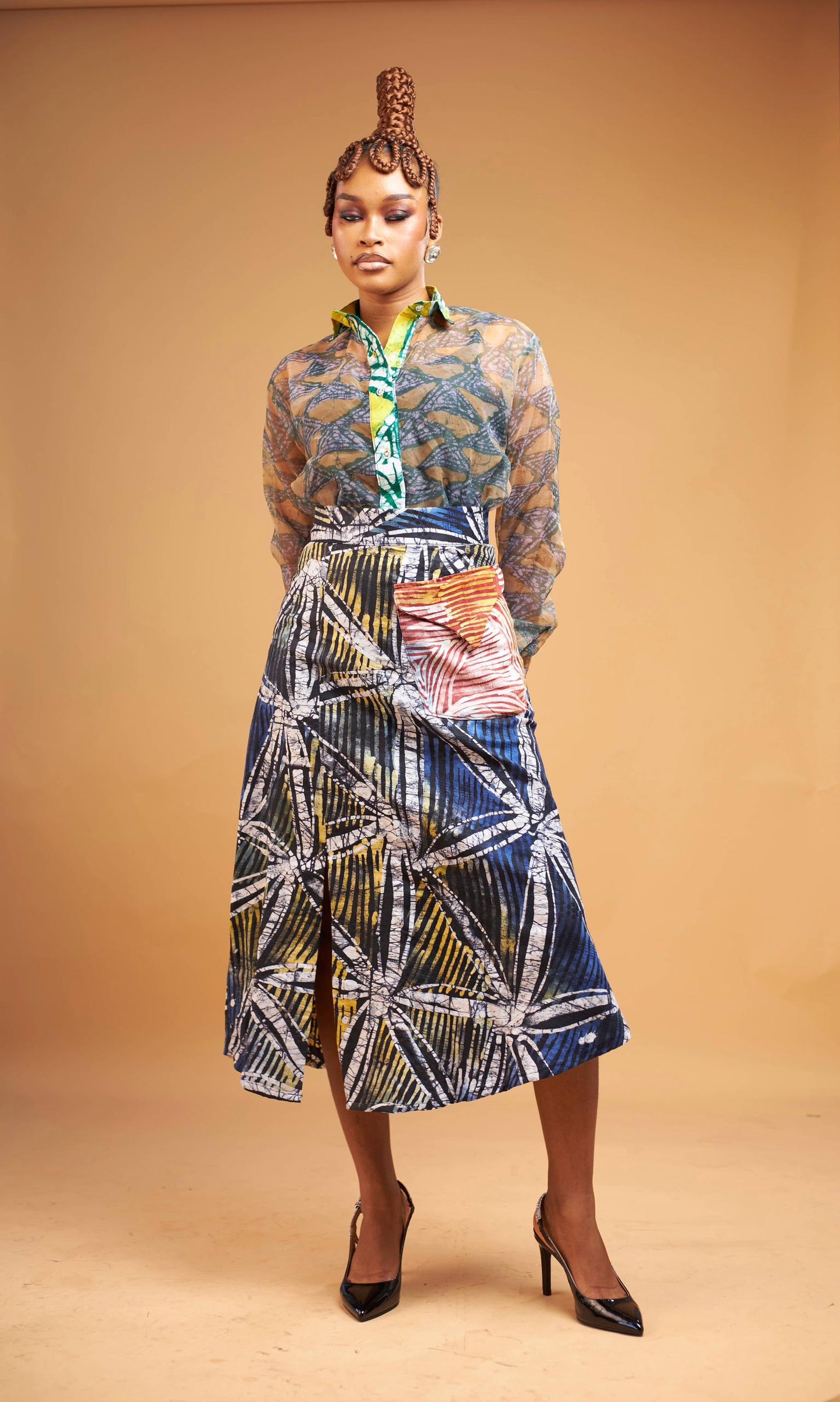 Omalicha Set – Sheer Organza Blouse & Mixed-Print Skirt