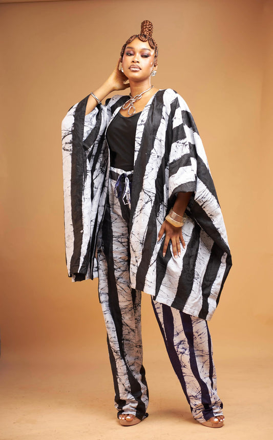 Zulaiha Set – Black & White Adire Kaftan & Pants