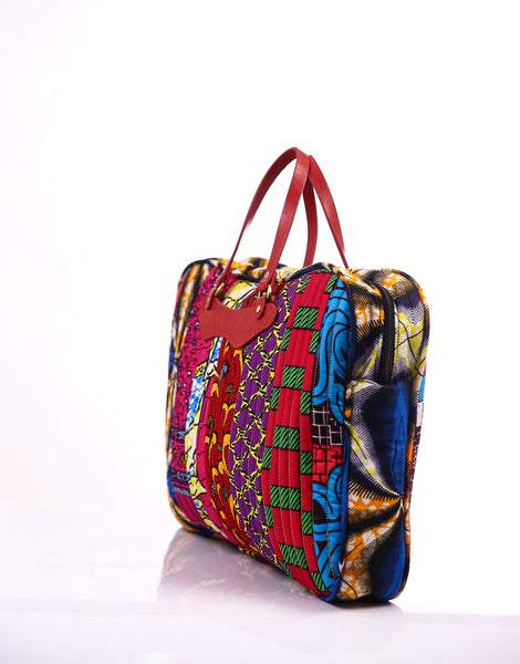 Quilted Multi- Ankara Laptop Bag (leather handle) | DESIGN FOR LOVE
