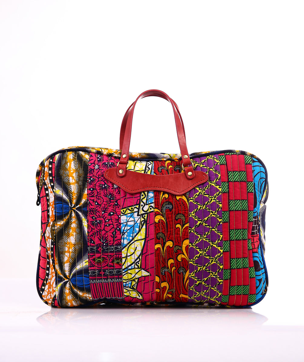 Quilted Multi Ankara Laptop Bag (leather handle) DESIGN FOR LOVE